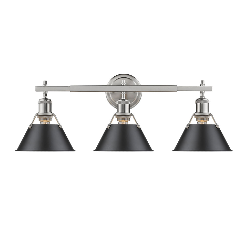 Orwell PW 3 Light Bath Vanity in Pewter with Matte Black Shade - Truncated Cone Shade Vanity Light
